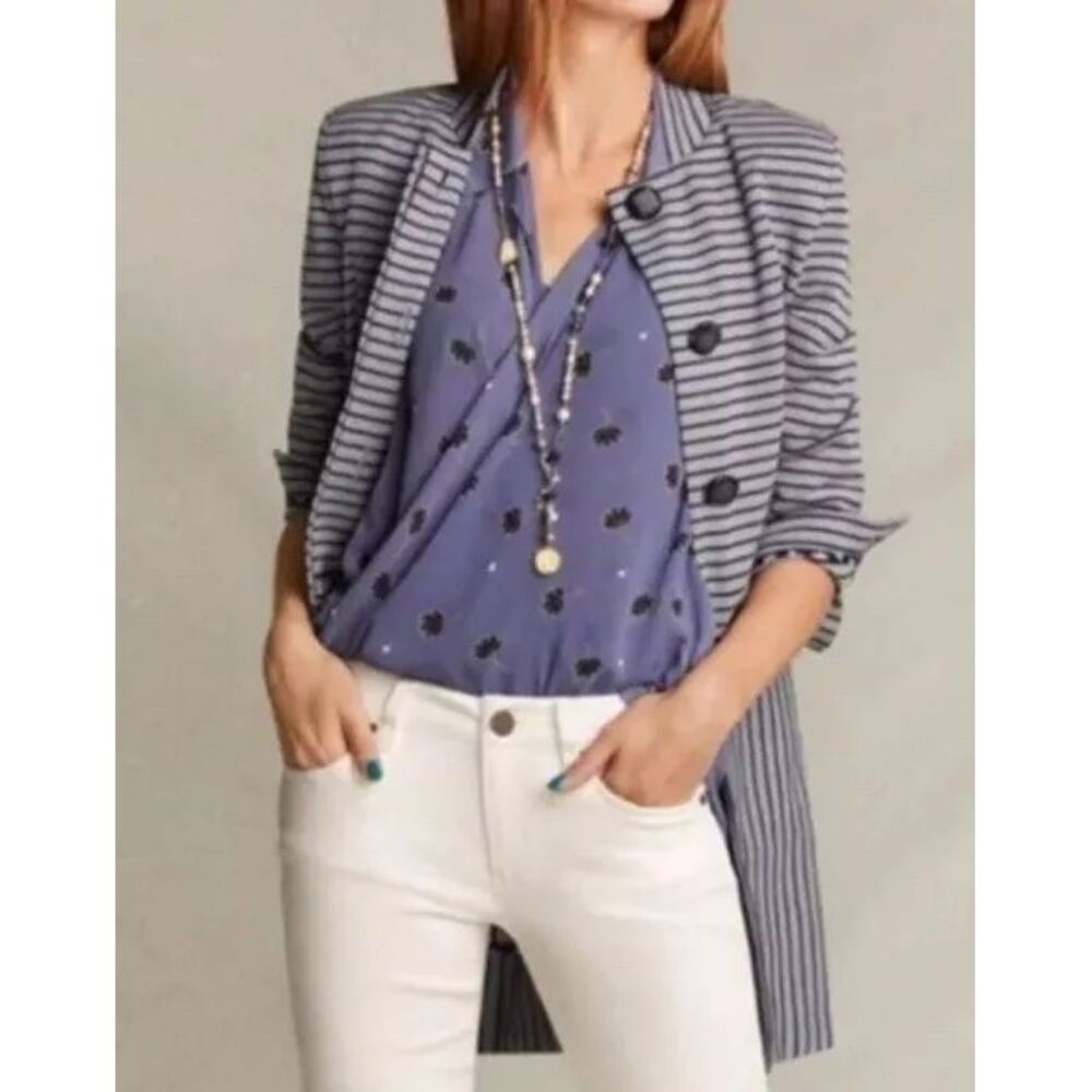CAbi Womens Dappled Striped‎ Car Coat Long Jacket Small Blue Pockets Button up
